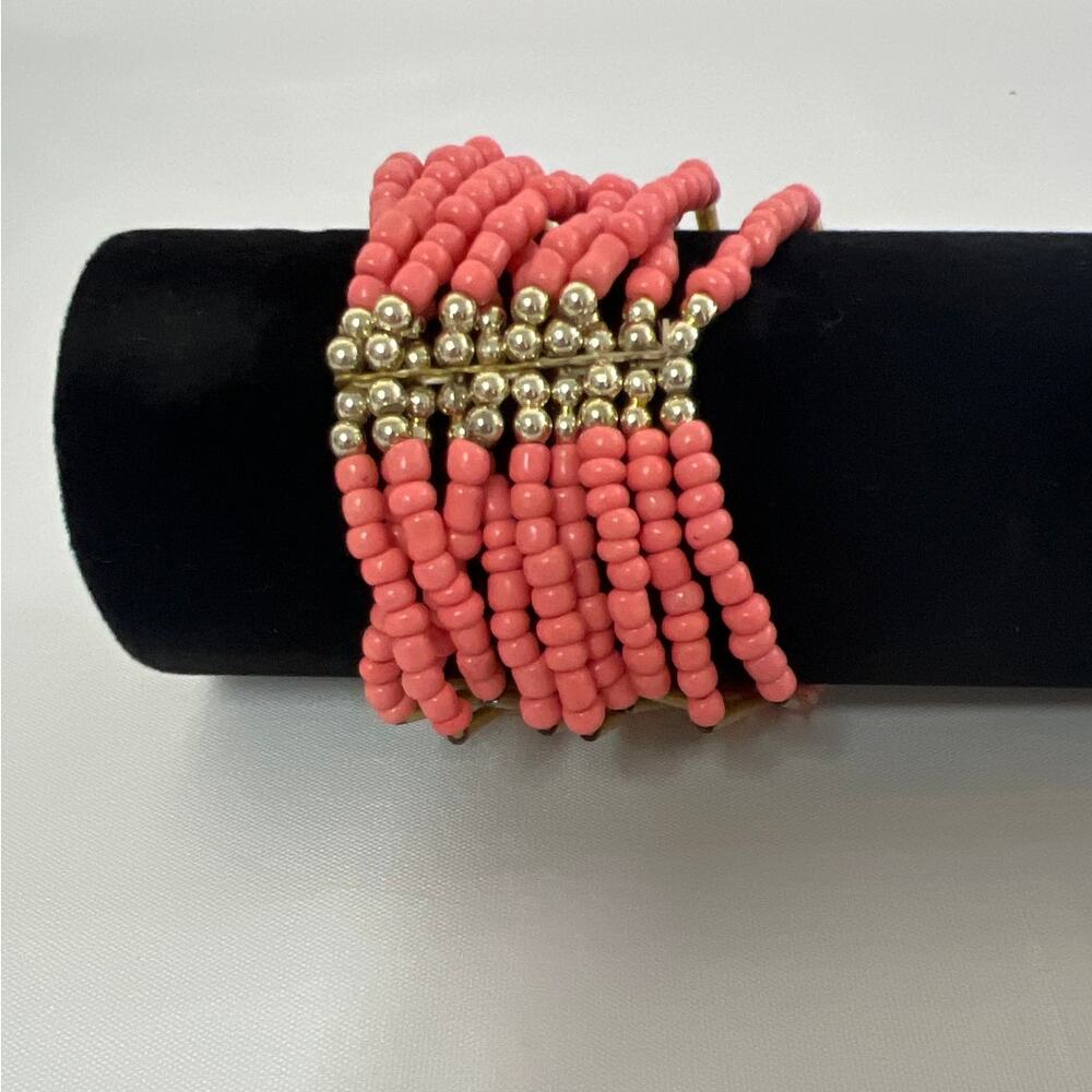 Multi-Strand Pink Beaded Stretch Cuff Style Bracelet - Picture 2 of 4